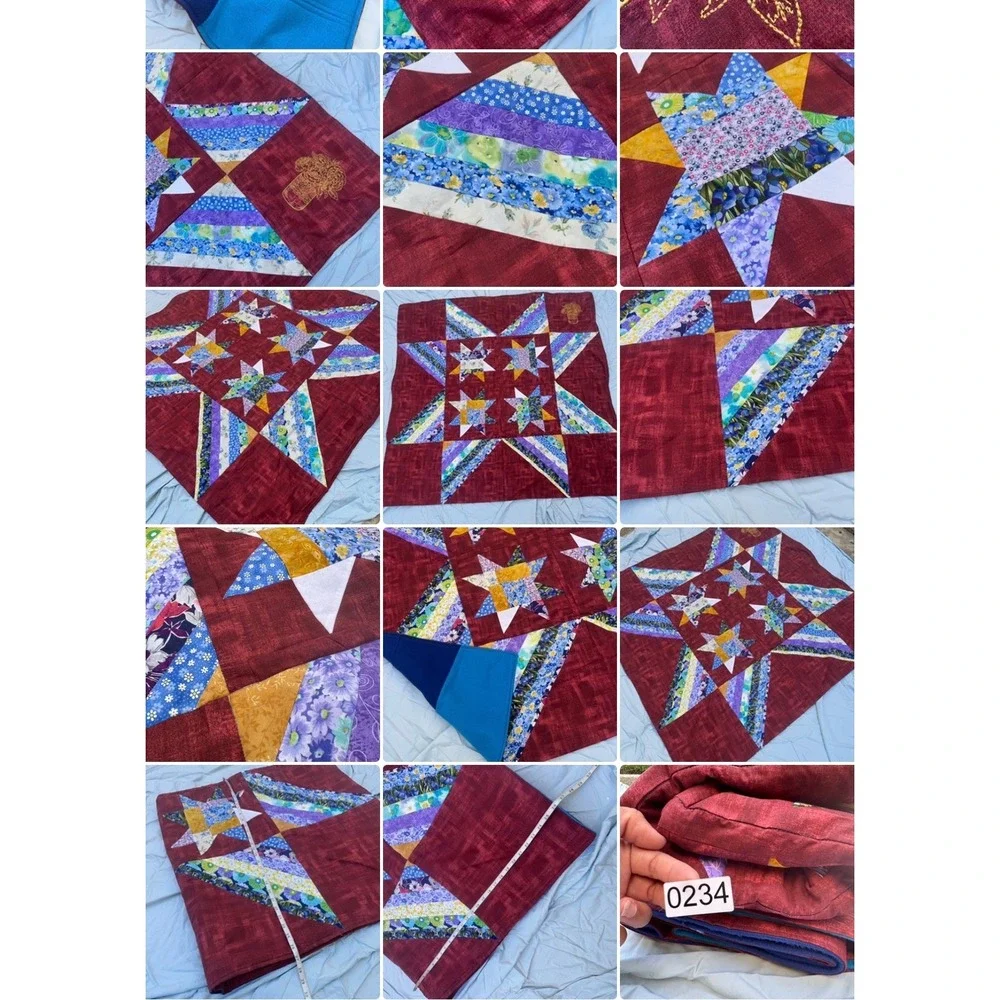 Vintage Handmade Star Patchwork Quilt Burgundy Floral Mason Jar Embroidery 60x60
